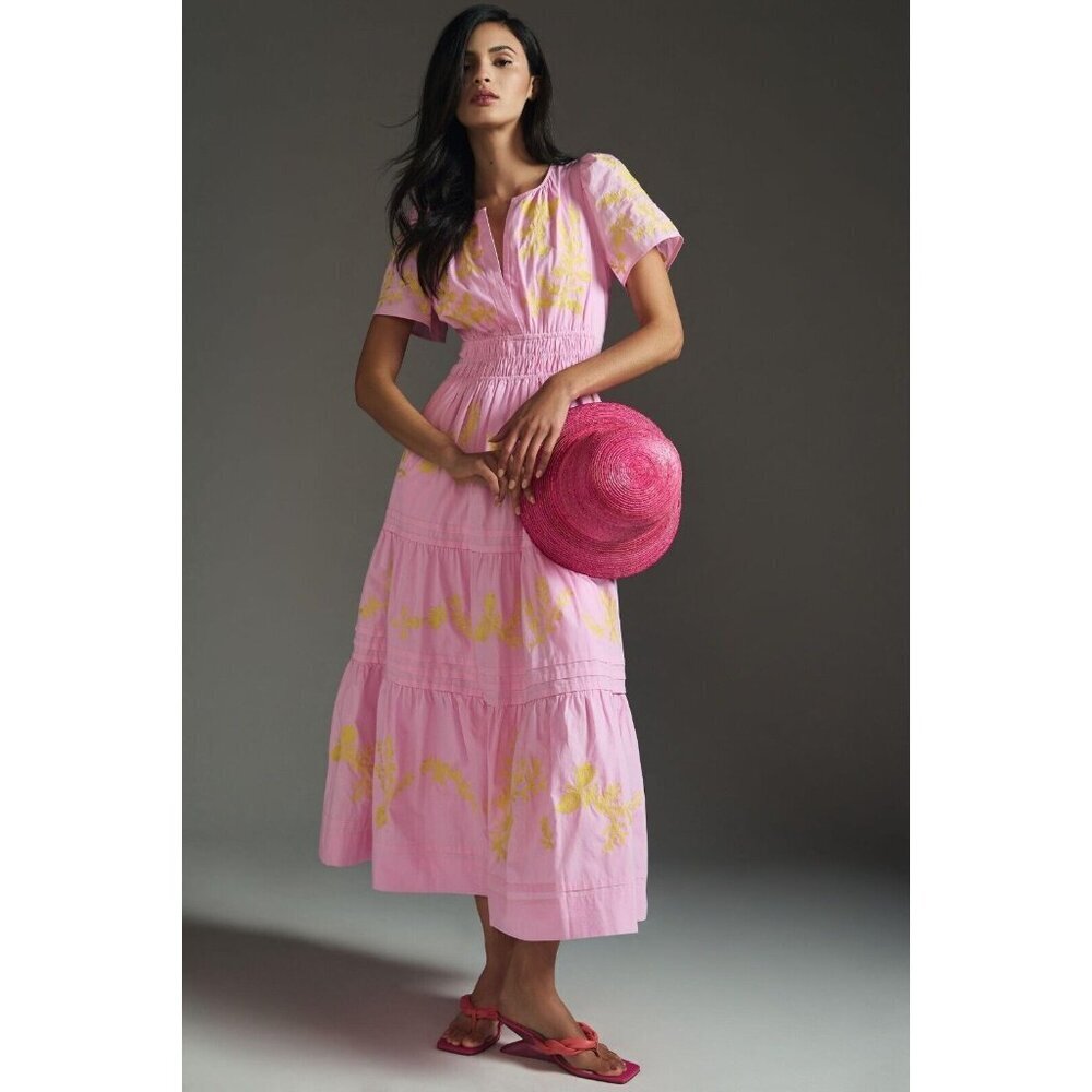 NWT Anthropologie Maeve Somerset Maxi in Pink Embroidered Edition Dress MP - Picture 2 of 11